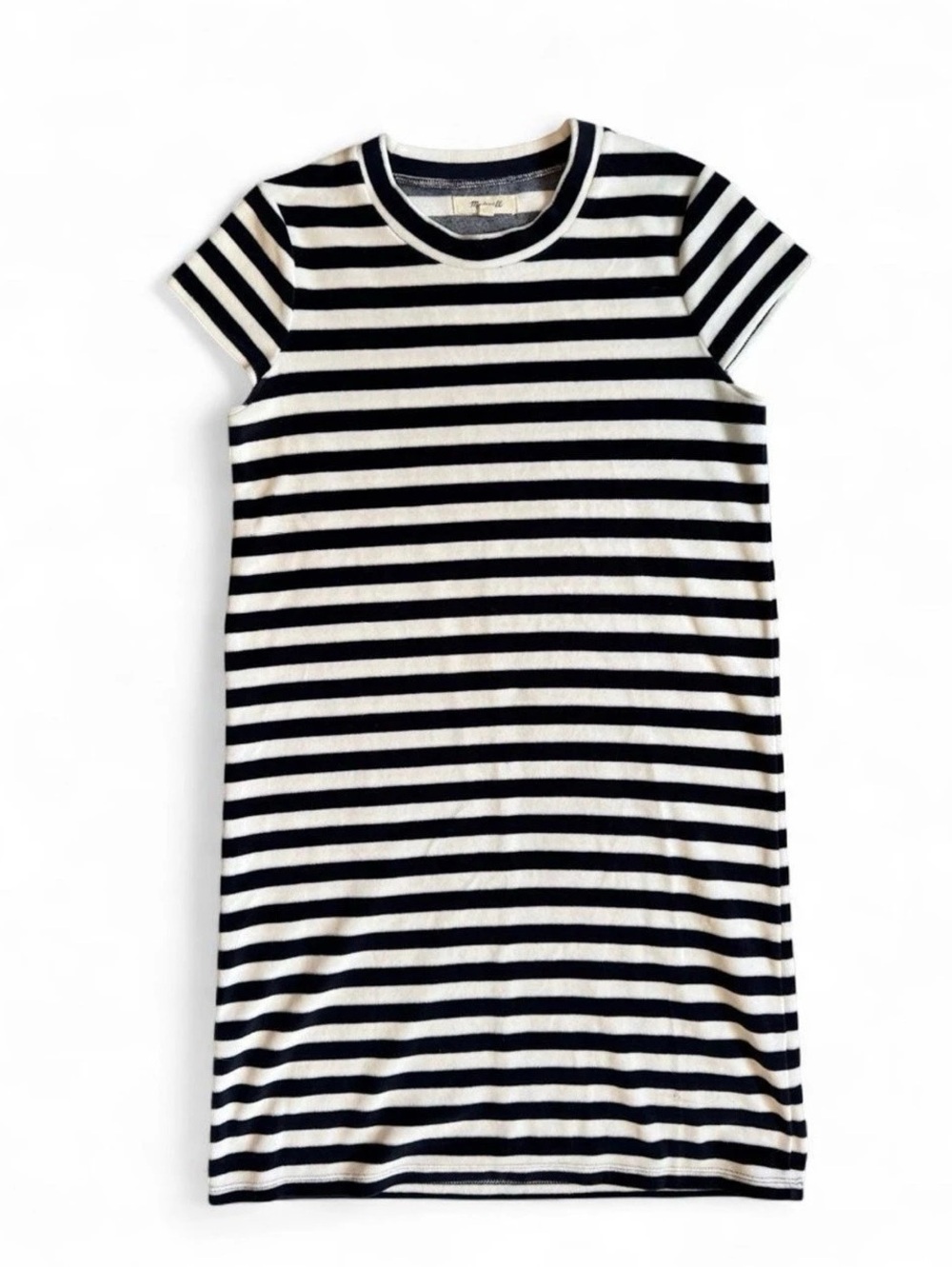 Madewell Navy Blue and White Velvet Striped Short Sleeve Dress